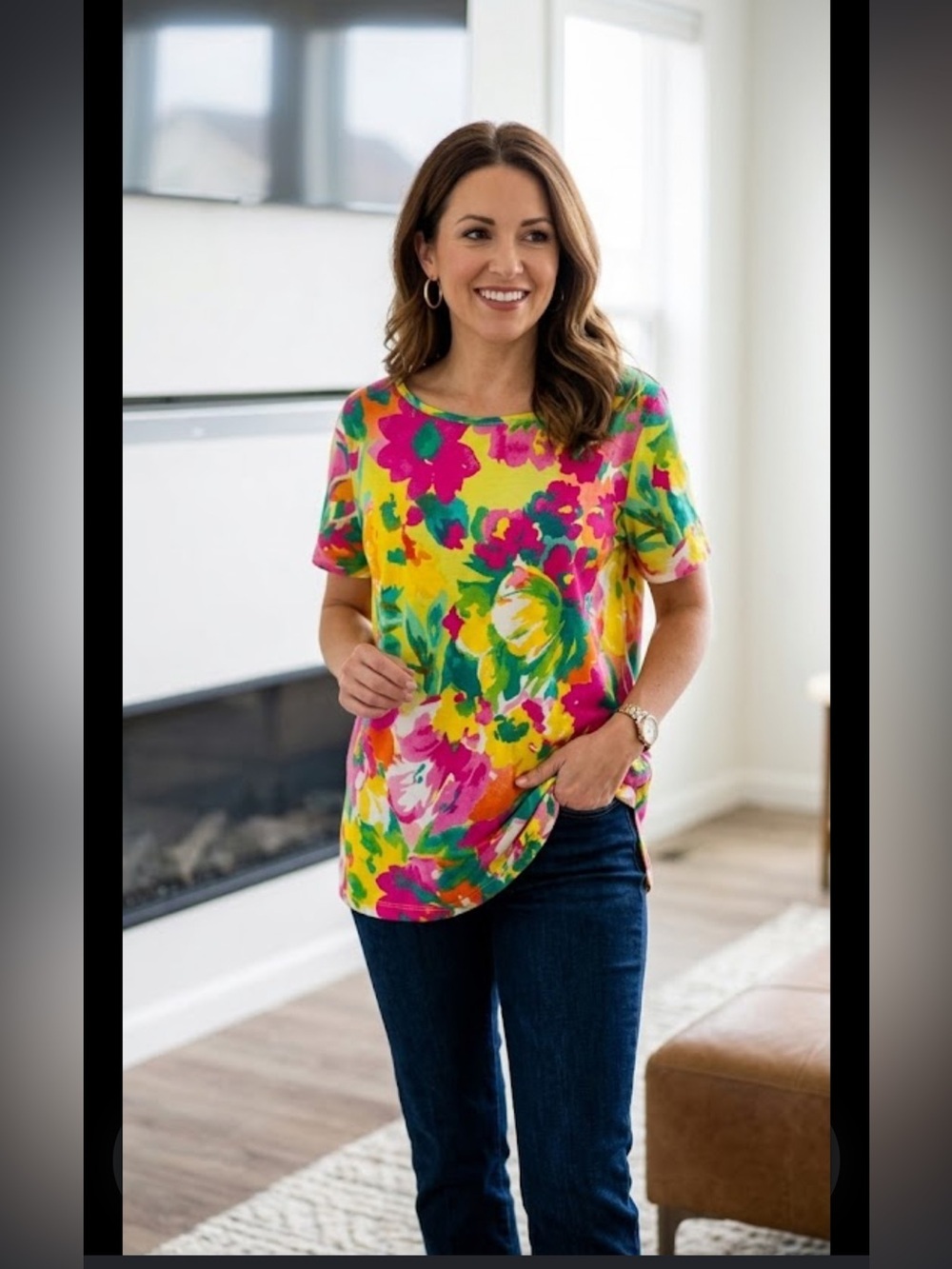 Lauren Ralph Lauren Bright Floral Short Sleeve Blouse — Yellow, Pink, Green
